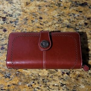 Brown Leather Wallet with Floral Button